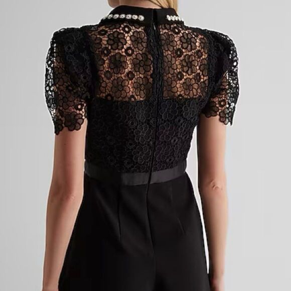 Express Daisy Eyelet Lace Rhinestone Color Embellishment Puff Sleeve Polo Romper - Picture 2 of 12